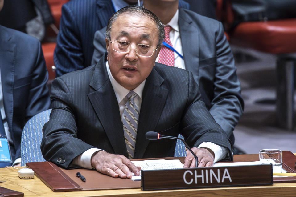 Zhang Jun, China's ambassador to the United Nations addresses during a meeting of the United Nations Security Council on maintenance of international peace and security Nuclear disarmament and non-proliferation, Monday, March 18, 2024, at U.N. headquarters. (AP Photo/Eduardo Munoz Alvarez)
