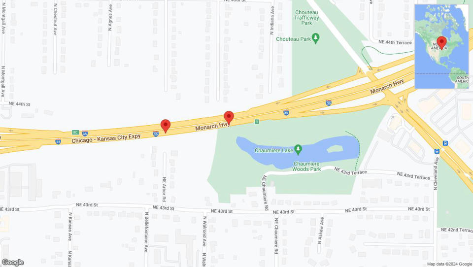 A detailed map that shows the affected road due to 'Warning in Kansas City: Crash reported on northbound I-35' on July 26th at 5:53 p.m.