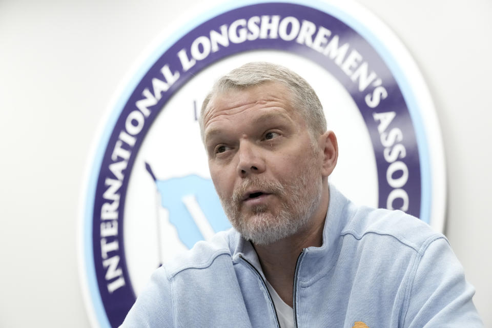 Scott Cowan, President of Local 333, International Longshoremen's Association speaks during an interview, Thursday, March 28, 2024, in Baltimore, Md. (AP Photo/Matt Rourke)