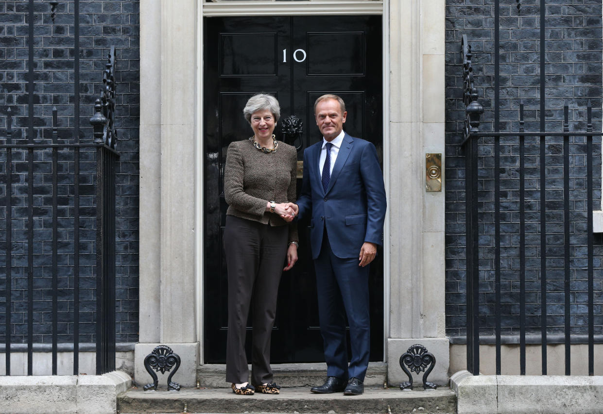 Theresa May and Donald Tusk shake hands outside Number 10 (PA Images)