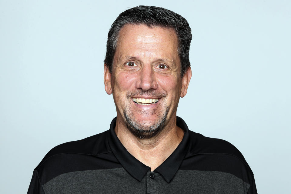 FILE - A 2019 file photo shows Greg Knapp of the Atlanta Falcons NFL football team. Knapp, an assistant coach with the New York Jets, died Thursday, July 22, 2021, of injuries suffered in a bicycle accident near his home in California last Saturday. He was 58. Knapp’s family released a statement through the team that the longtime NFL assistant coach had died. (AP Photo/File)