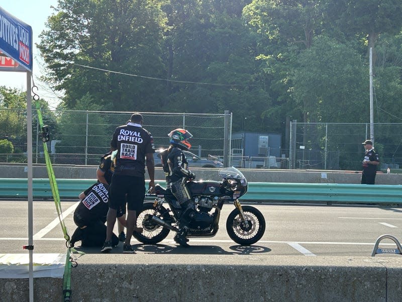 A BTR rider in the pits to have the bike assessed for an issue during a practice session at Road America, June 2023.