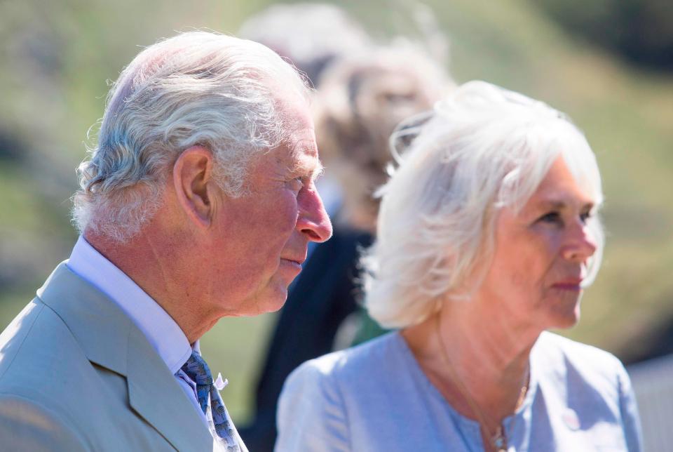 Prince Charles and his wife, Camilla, Duchess of Cornwall, arrive at Tintagel Castle in Cornwall, on July 20, 2020.