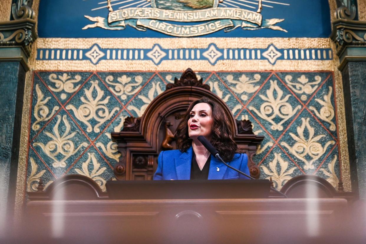 Gov. Gretchen Whitmer delivers her State of the State address on Wednesday, Jan. 25, 2023, at the Michigan State Capitol in Lansing. 