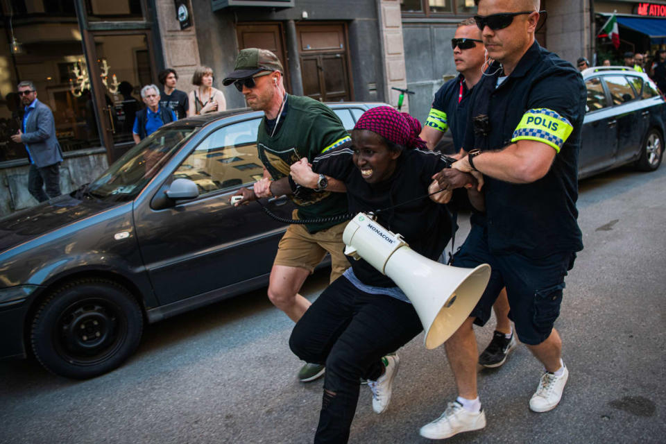 <div class="inline-image__caption"><p>A protester is moved by police during a Black Lives Matter demonstration in Stockholm, Sweden, on June 13, 2020, in solidarity with protests in the United States over the death of George Floyd. </p></div> <div class="inline-image__credit">JONATHAN NACKSTRAND/AFP via Getty Images</div>