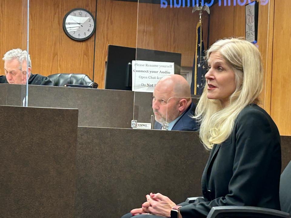 Tricia Dare, an Oakland County assistant prosecutor, testifies Jan. 10, 2024, in 37th District Court in Warren. A company she hired collected what state prosecutors allege were fraudulent nominating petition signatures for her when she wanted to run for judge in 2022. Shawn and Jamie Wilmoth and Willie Reed are charged.