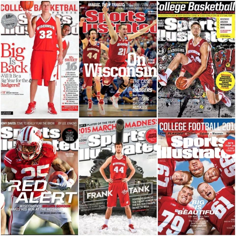 Wisconsin Badgers on the cover of Sports Illustrated have included (clockwise from upper left) Brian Butch with Alando Tucker, Josh Gasser with Frank Kaminsky, Kaminsky again, the Badgers offensive line in 2018, Kaminsky again and Melvin Gordon.