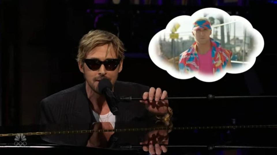 As the audience cheers, Gosling sits at a piano and pulls on a pair of shades reminiscent of the one Ken wears in the Greta Gerwig film. NBC / SNL