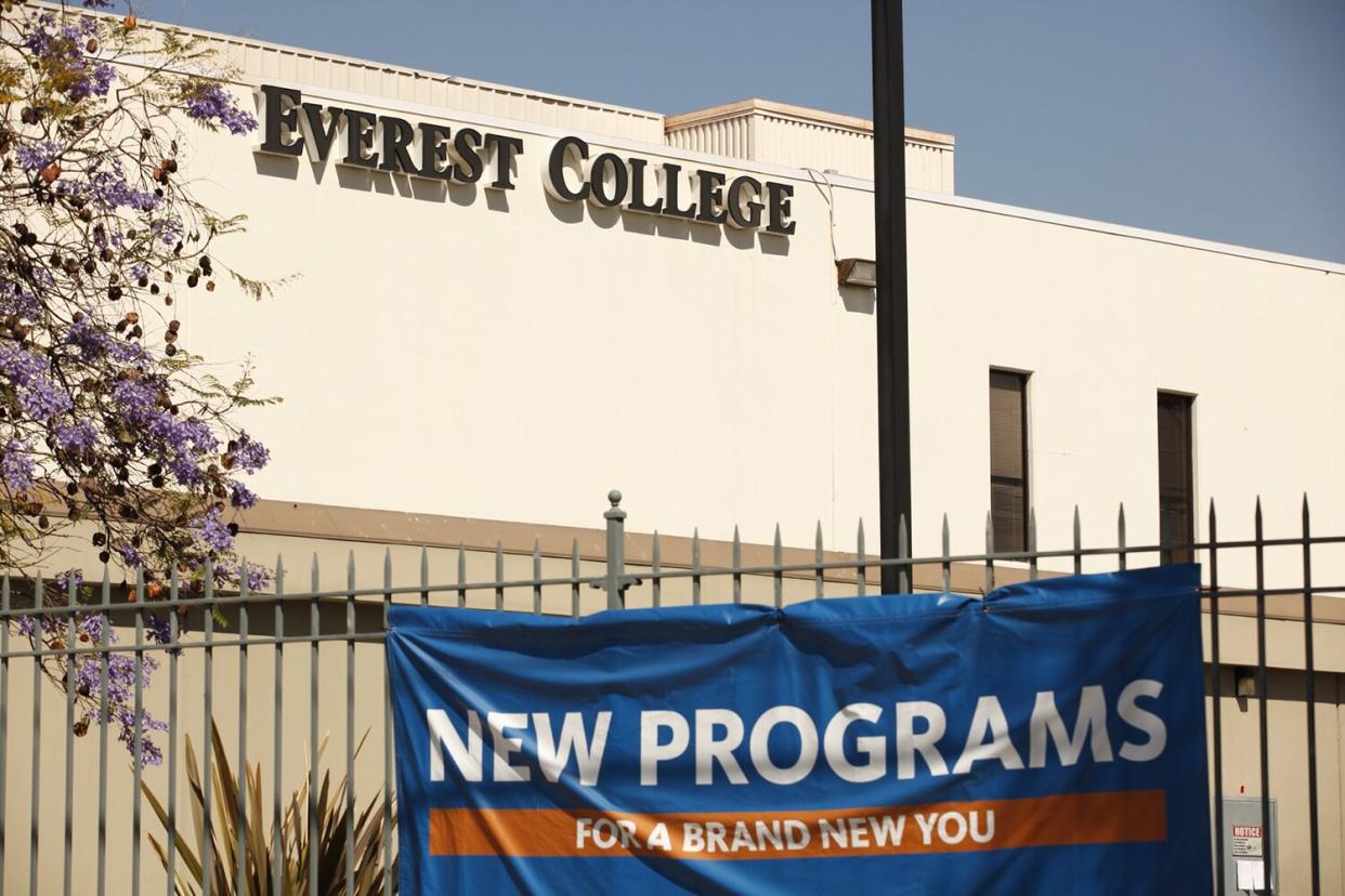 A banner advertising new courses hangs outside Everest College, Everest College on April 27, 2015 in Alhambra, California. Corinthian Colleges Inc., a Santa Ana company that was once one of the nation's largest for-profit college chains, announced that it would be shutting down its remaining two dozen schools effective - a move that leaves 16,000 students scrambling for alternatives.