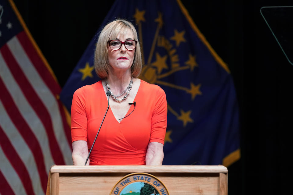 FILE - Lt. Gov. Suzanne Crouch speaks after being sworn in during an inaugural ceremony at the Indiana State Museum, Monday, Jan. 11, 2021, in Indianapolis. Crouch formally started her 2024 campaign for governor on Monday, Dec. 12, 2022, and said she would not shy away from Republican Gov. Eric Holcomb's record despite discontent among many conservatives over his COVID-19 policies and other actions. (AP Photo/Darron Cummings, File)