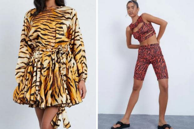 The Northern Echo: (Left) Burnt Orange Premium Satin Woven Tiger Tie Waist Skater Dress (Right) Black Tiger Print Cycling Shorts (I Saw It First/Canva)