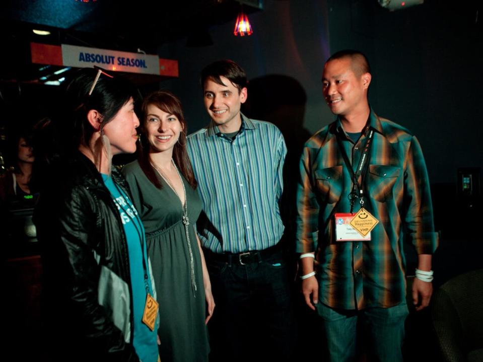 Jenn Lim Jen Consalvo Frank Gruber and Tony Hsieh at Tech Cocktail SXSW event in March 2011