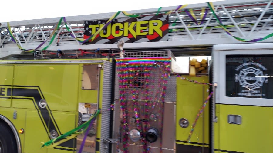 A fire truck decorated for Mardi Gras in Palestine.