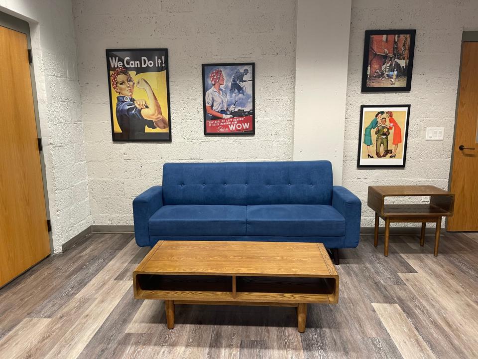 Newly installed mid-century modern furniture in the Donn Ansell studio of Wilmington's historic USO building.