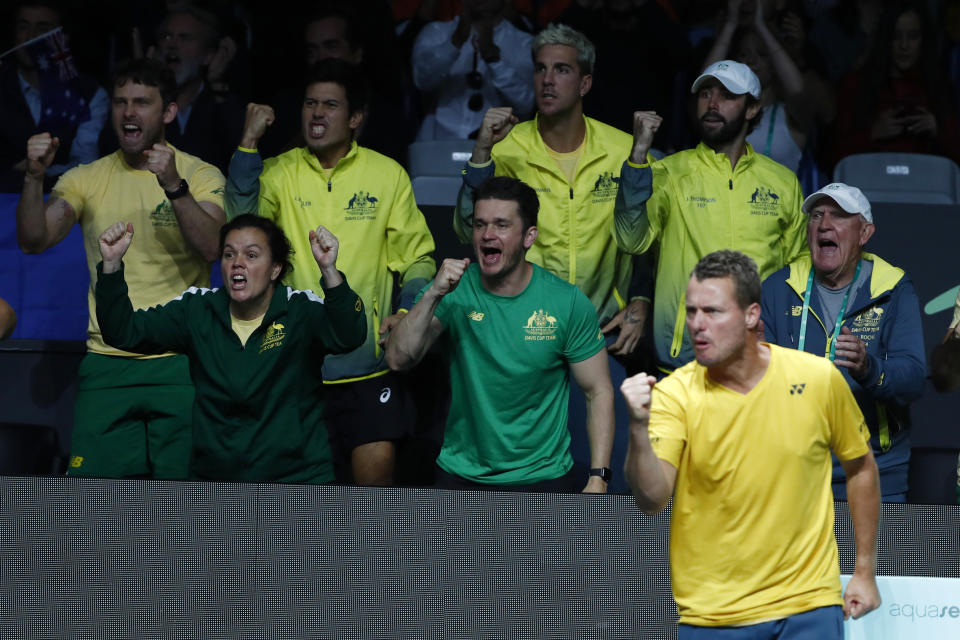 Australia fans cheers behind team Captain Lleyton Hewitt during a Davis Cup quarter-final tennis match between Australia and The Netherlands in Malaga, Spain, Tuesday, Nov. 22, 2022. (AP Photo/Joan Monfort)