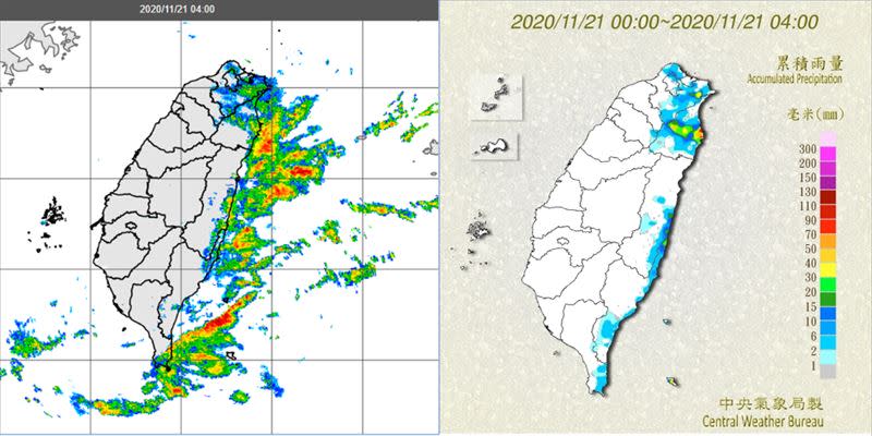 左圖：今（21）晨4時雷達回波圖顯示，東北風受地形抬升產生的滯留性回波，影響大台北及東北部，東半部近海有回波消長。右圖：今晨4時累積雨量圖顯示，大台北及東半部皆有降雨，東北部雨量較多。