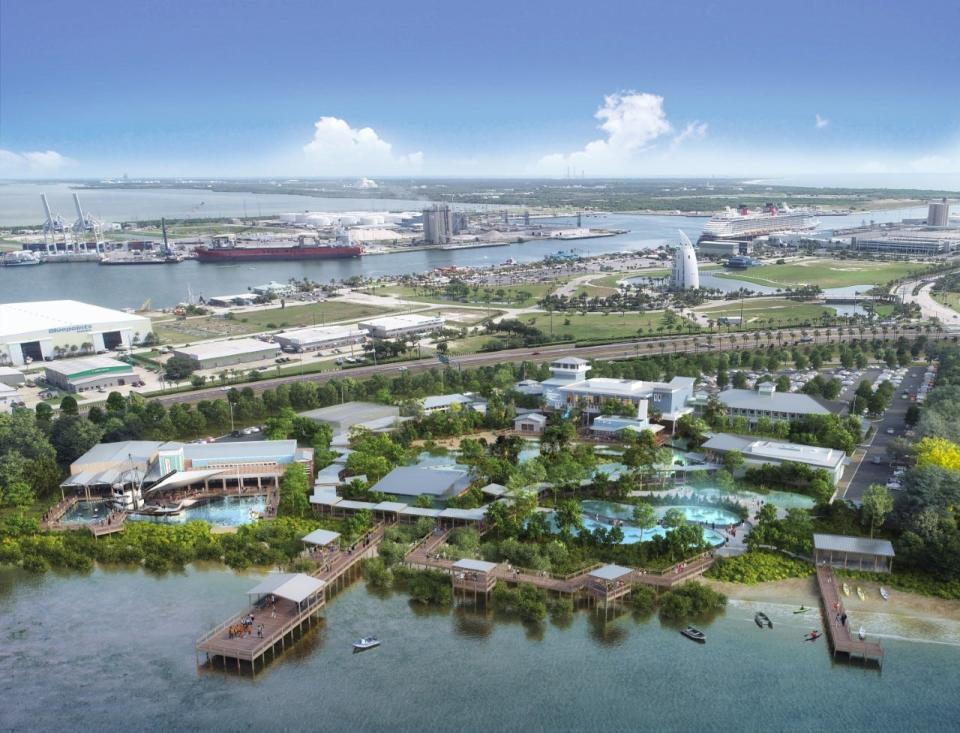 This drawing depicts an aerial view of the Brevard Zoo's planned aquarium and conservation campus at Port Canaveral, with the port's cruise and cargo terminal areas in the background.