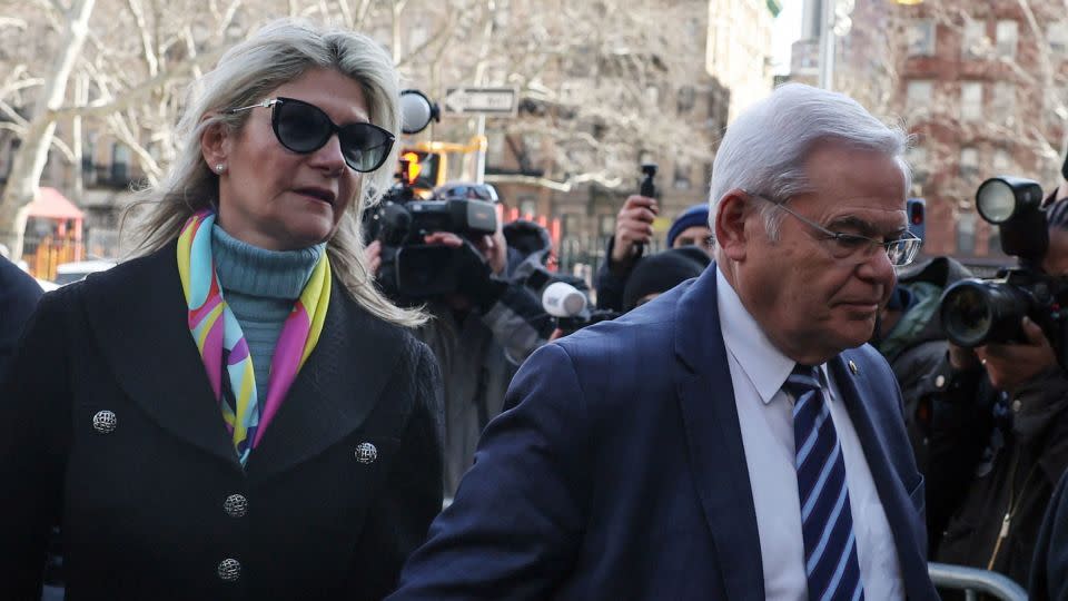 Sen. Bob Menendez and his wife, Nadine, arrive for their arraignment on a new 18-count indictment that added obstruction charges to bribery and other corruption charges that the New Jersey Democrat already faced, at Manhattan federal court in New York City on March 11. - Shannon Stapleton/Reuters