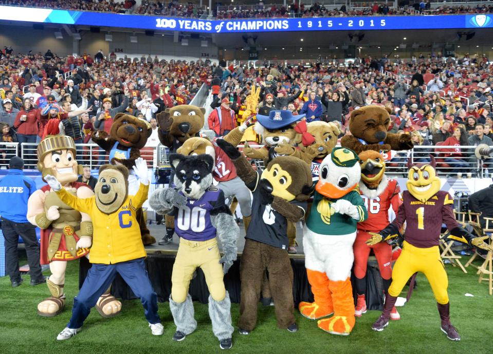 Mascots of the Southern California Trojans, California Golden Bears, Washington Huskies, Colorado Buffaloes, Oregon Ducks, Arizona Wildcats, Arizona State Sun Devils, Washington State Cougars and UCLA Bruins pose during the Pac-12 Conference football championship game at Levi's Stadium.