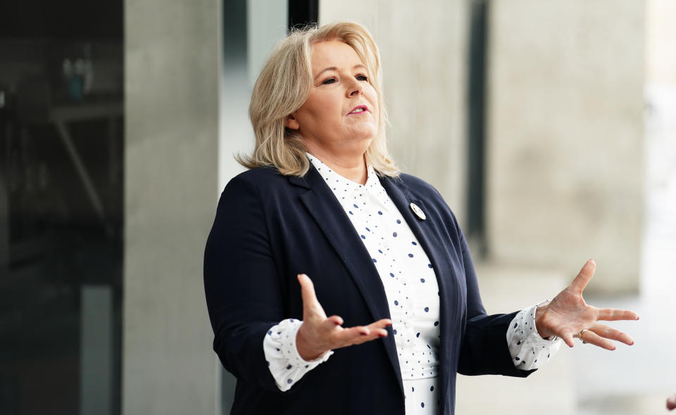 Royal College of Nursing (RCN) leader Pat Cullen speaks to the media outside BBC Broadcasting House in London, following her appearance on the BBC One current affairs programme, Sunday with Laura Kuenssberg. Picture date: Sunday April 16, 2023. (Photo by Jordan Pettitt/PA Images via Getty Images)