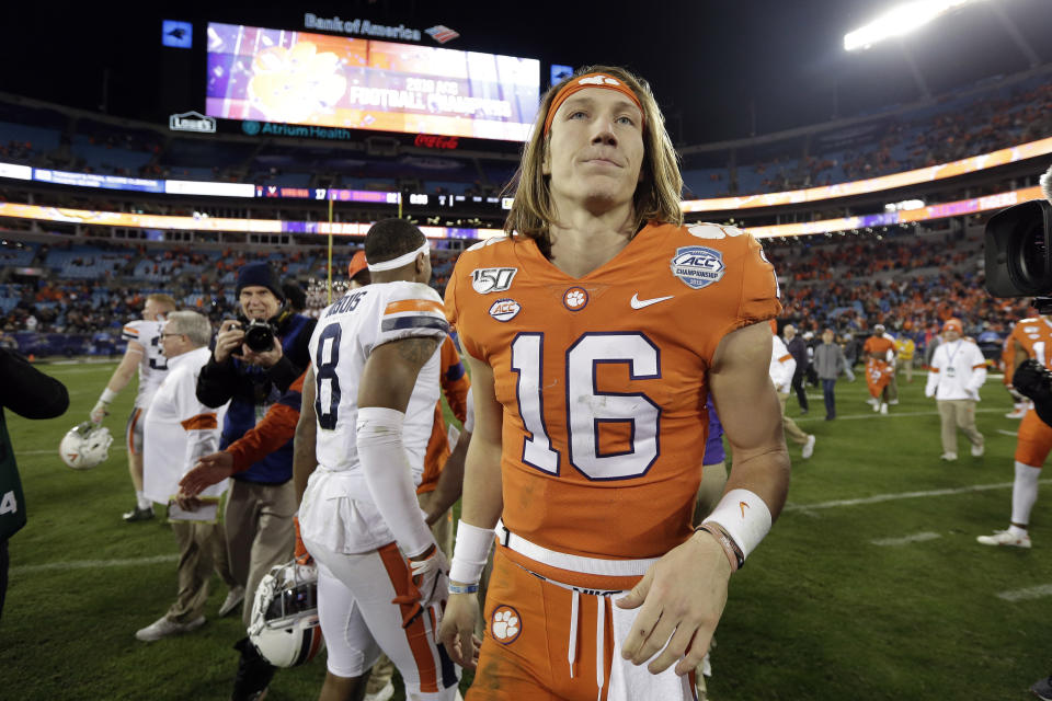 Clemson QB Trevor Lawrence (16) is seen following the ACC title game on Dec. 7, 2019. (AP)