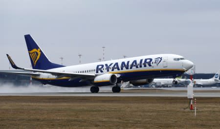 A Ryanair Boeing 737-8AS plane takes off at the Riga International Airport