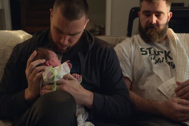 <p>Courtesy of Prime Video</p> Travis Kelce with brother Jason Kelce and his baby daughter, Bennett