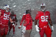 <p>Kyle Williams #95, Deandre Coleman #98 and Adolphus Washington #92 of the Buffalo Bills warm up before a game against the Indianapolis Colts on December 10, 2017 at New Era Field in Orchard Park, New York. (Photo by Bryan Bennett/Getty Images) </p>