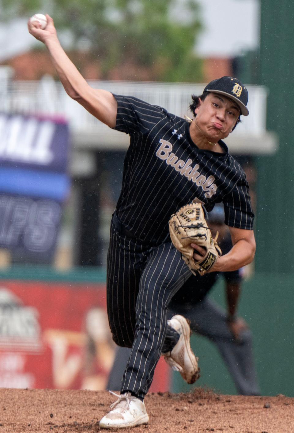 Buchholz pitcher JJ Gardner (5) on the mound in the first inning of their game with Bloomingdale in a high school class 6A semi final baseball game on Wednesday, May 16, 2024, in Fort Myers, Fla. (Photo/Chris Tilley)