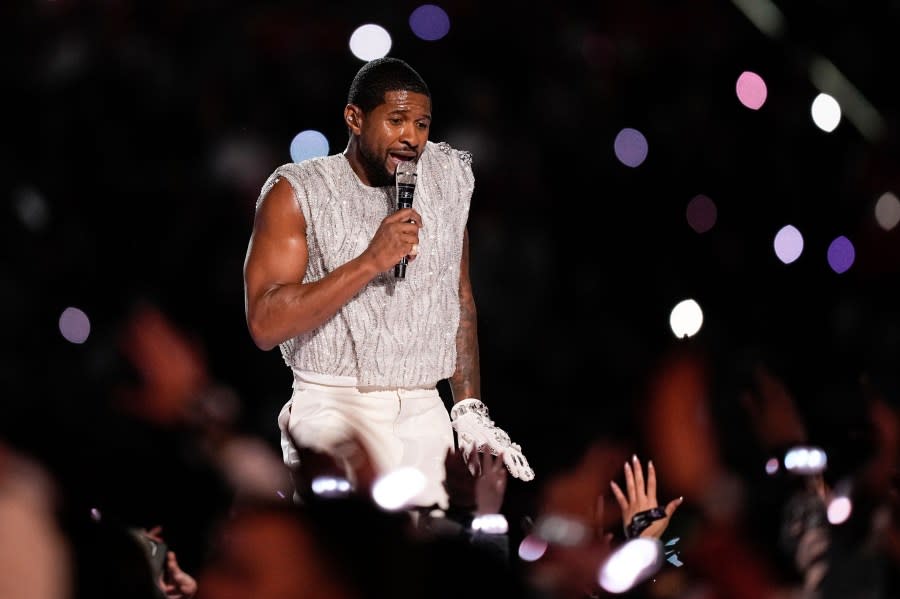 Usher performs during halftime of the NFL Super Bowl 58 football game between the San Francisco 49ers and the Kansas City Chiefs Sunday, Feb. 11, 2024, in Las Vegas. (AP Photo/Brynn Anderson)