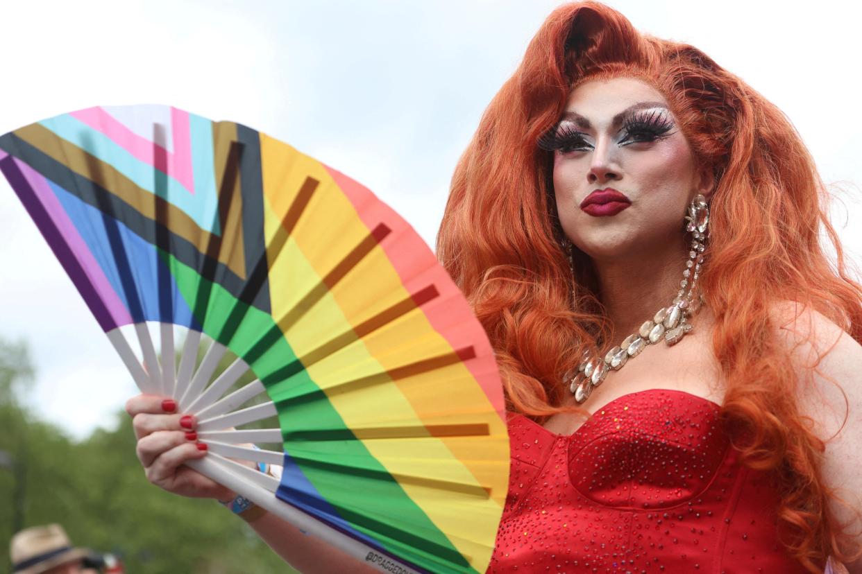 Drag queen Vanity Adams takes part in the 2023 Pride Parade in London (REUTERS)