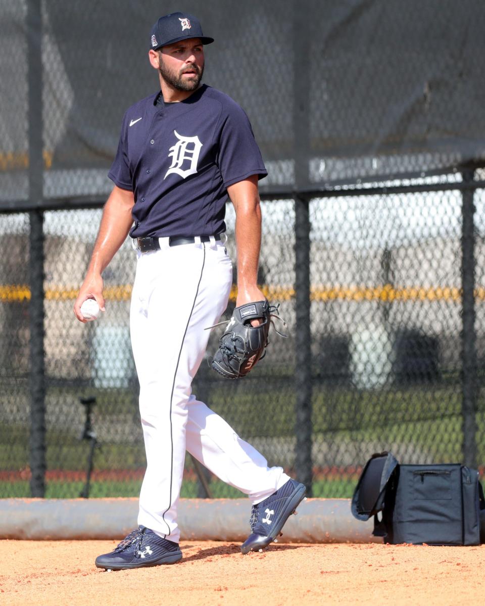 Detroit Tigers pitcher Michael Fulmer throws during his bullpen session Monday, Feb. 22, 2021, on the Tiger Town practice fields at Joker Marchant Stadium in Lakeland, Florida. Monday was the first day position players joined pitchers and catchers for spring training.