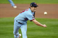 Minnesota Twins pitcher Kenta Maeda throws to a Detroit Tigers batter during the first inning of a baseball game Wednesday, Sept. 23, 2020, in Minneapolis. (AP Photo/Jim Mone)