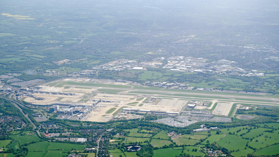 View from above of the runway and terminals at London's Gatwick Airport in Sussex, England.  The airport management would like to expand to two runways.