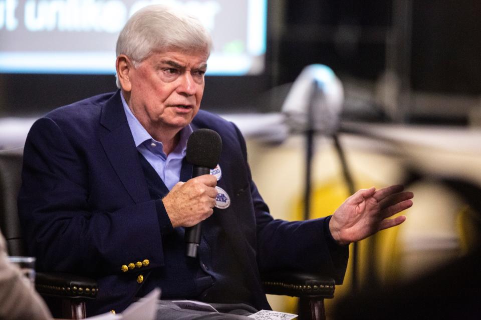 Former U.S. Sen. Chris Dodd speaks about Vice President Joe Biden (not pictured) during the 2019 Accessibility, Inclusion, and Outreach Conference, hosted by Accessibility for All and the Linn County Medical Society, Saturday, Nov., 2, 2019, at the Ramada Hotel and Conference Center in Cedar Rapids, Iowa.