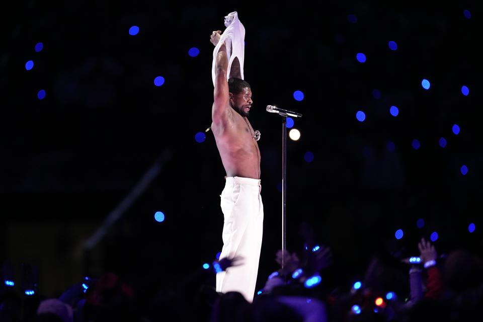 Usher performs during halftime of the NFL Super Bowl 58 football game between the San Francisco 49ers and the Kansas City Chiefs on Sunday, Feb. 11, 2024, in Las Vegas. (AP Photo/Eric Gay)