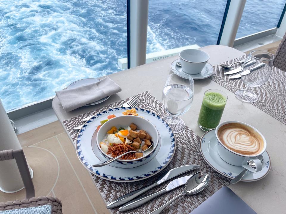 plate of food and drinks from buffet on Silversea's Silver Ray cruise ship
