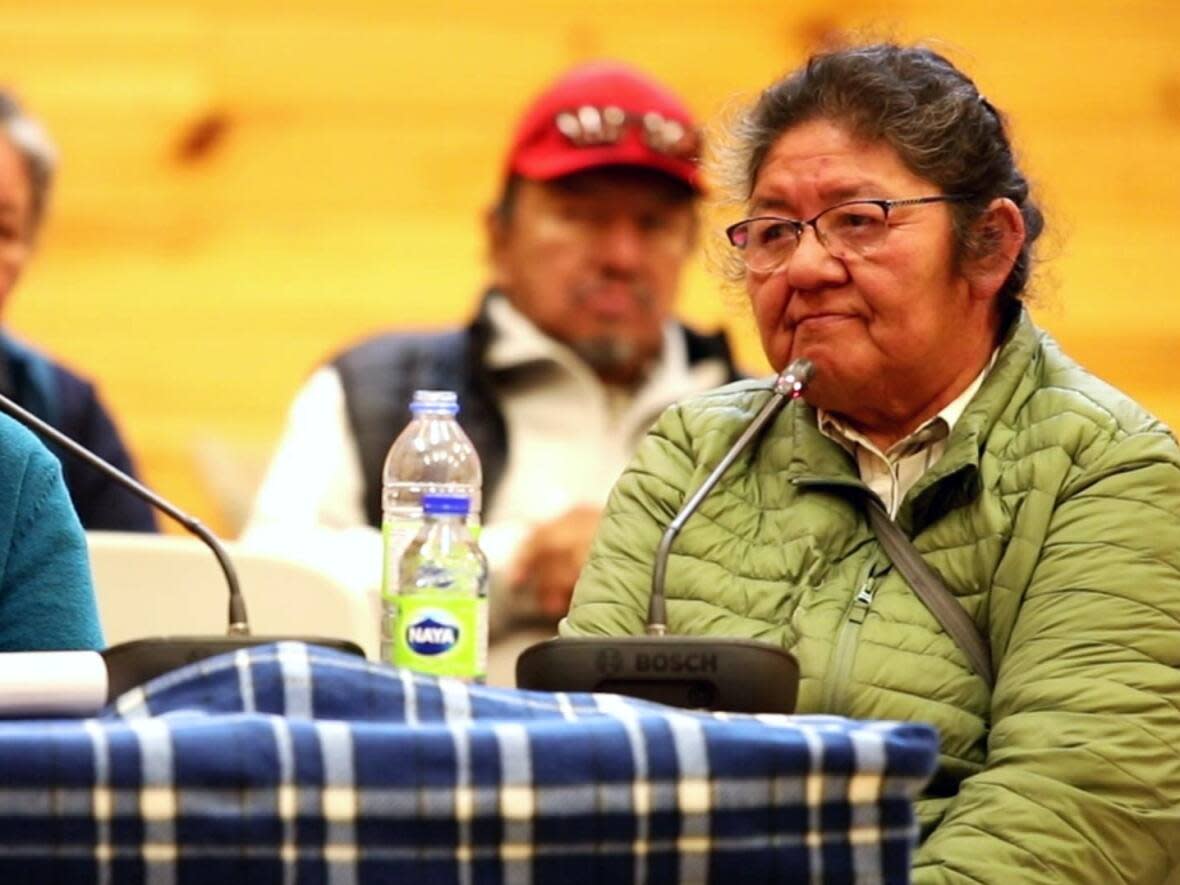 Marie Martha Andrew spoke to the commissioners on Wednesday. Andrew said children need to stop being taken away from their home community, and shared her personal story, including experiences of abuse at the day school that operated in Sheshatshiu.  (Heidi Atter/CBC - image credit)