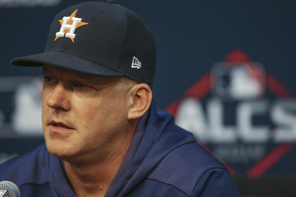 Oct 11, 2019; Houston, TX, USA; Houston Astros manager A.J. Hinch speaks to the media before the Houston Astros and New York Yankees work out at Minute Maid Park. Mandatory Credit: Thomas B. Shea-USA TODAY Sports