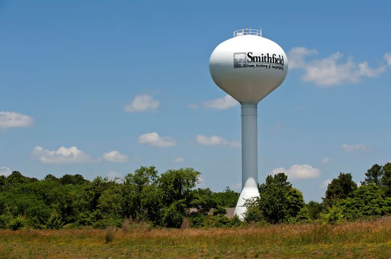 FILE PHOTO: A water tower with the town slogan ham, history and hospitality rises over Smithfield Virginia