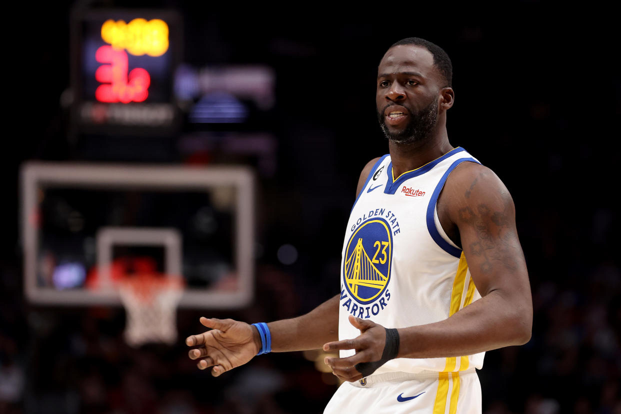 PORTLAND, OREGON - APRIL 09: Draymond Green #23 of the Golden State Warriors reacts during the second quarter against the Portland Trail Blazers at Moda Center on April 09, 2023 in Portland, Oregon. NOTE TO USER: User expressly acknowledges and agrees that, by downloading and/or using this Photograph, user is consenting to the terms and conditions of the Getty Images License Agreement. (Photo by Steph Chambers/Getty Images)