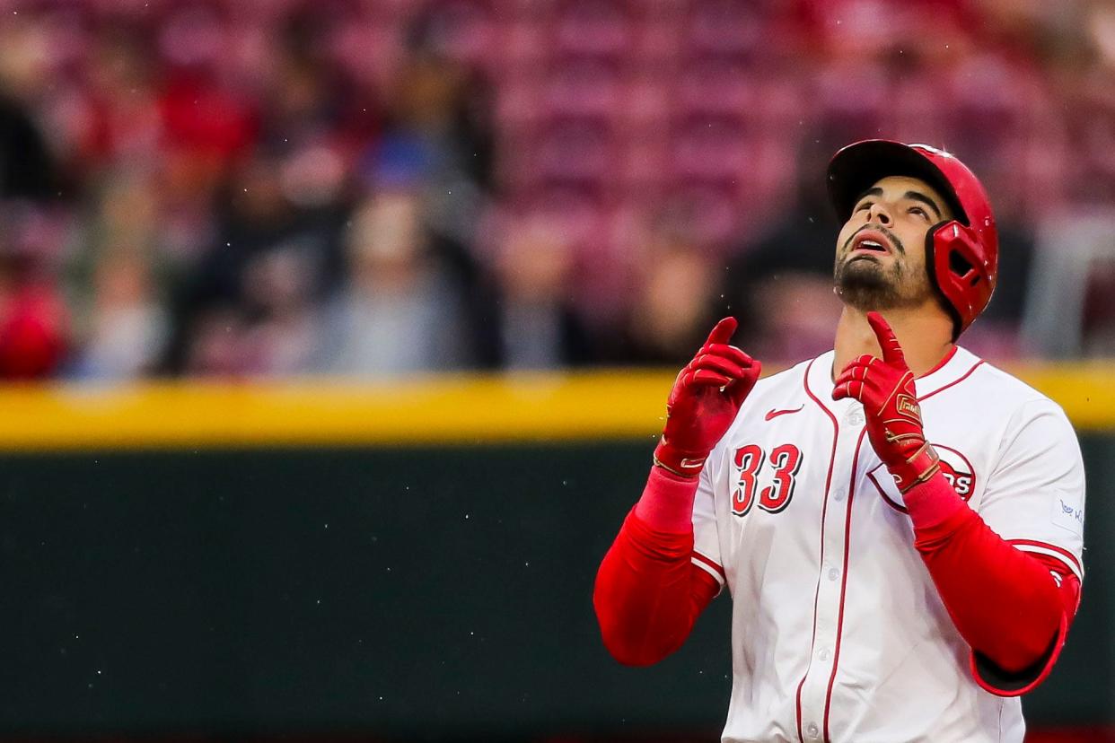 Christian Encarnacion-Strand reacts after his first-inning double tied the game Tuesday night. Encarnacion-Strand had three hits and drove in two runs in the 8-1 victory over the Phillies.