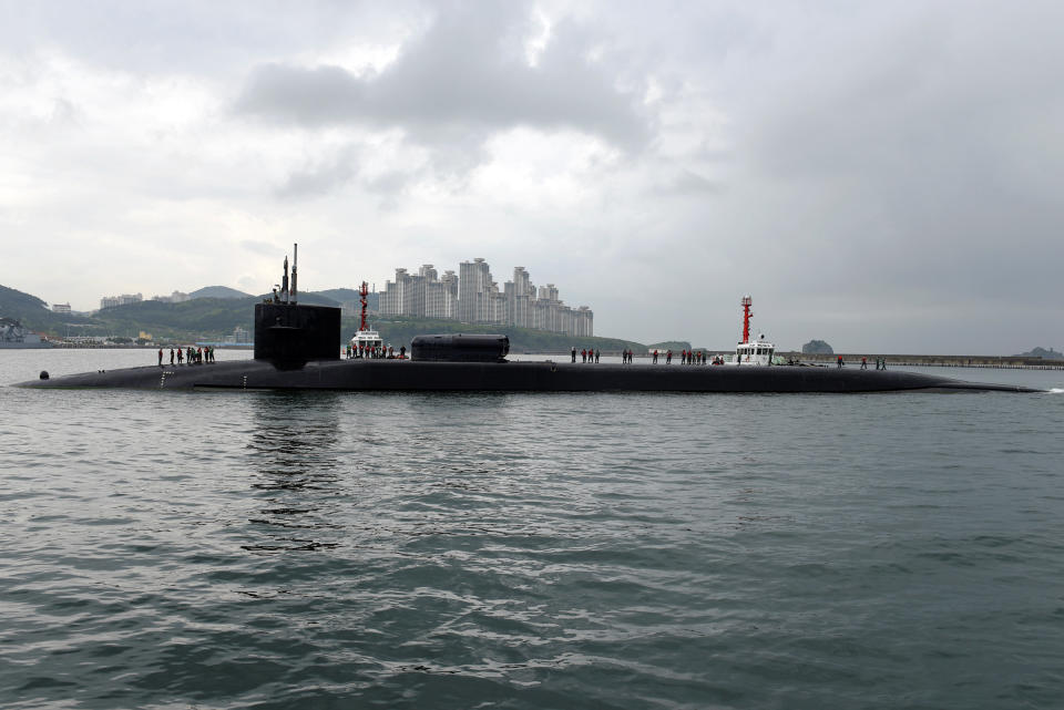 The Ohio-class guided-missile submarine USS Michigan arrives for a regularly scheduled port visit while conducting routine patrols throughout the Western Pacific in Busan, South Korea, April 24, 2017. Jermaine Ralliford/Courtesy U.S. Navy/Handout via REUTERS ATTENTION EDITORS - THIS IMAGE WAS PROVIDED BY A THIRD PARTY. EDITORIAL USE ONLY.