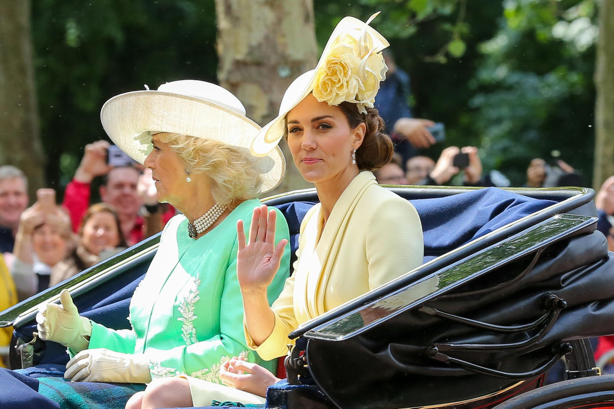 Catherine Duchess of Cambridge and Camilla Duchess of Cornwall  in a carriage at the Trooping the Colour ceremony