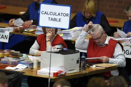 Tellers count ballots in the Northern Ireland assembly elections, in Ballymena, Northern Ireland March 3, 2017. REUTERS/Clodagh Kilcoyne