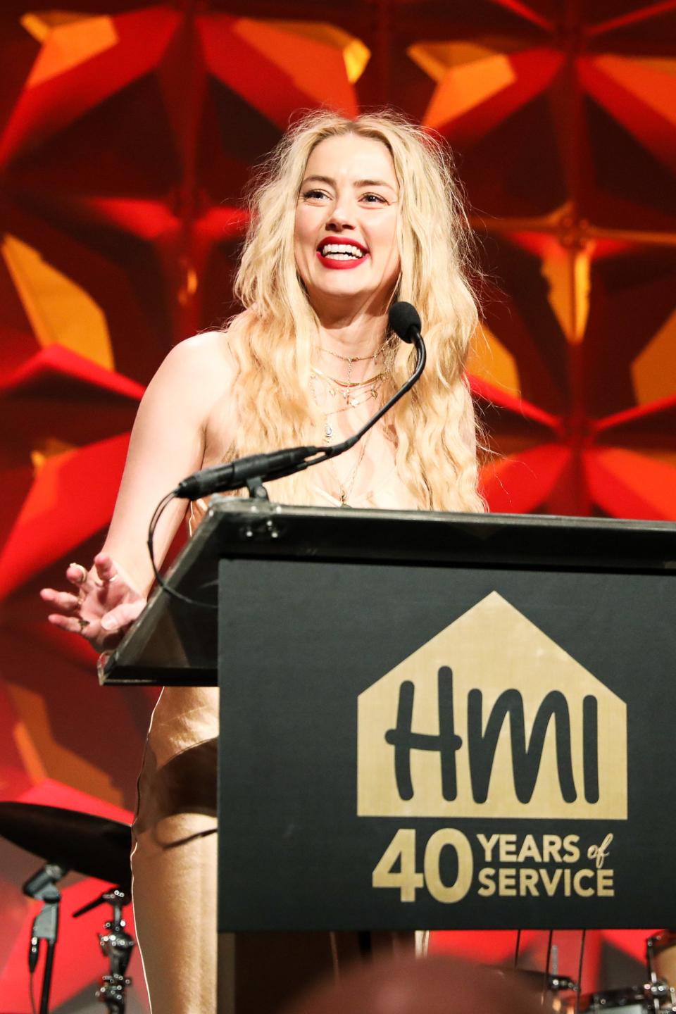 Amber Heard is a goddess in gold as she speaks at the Hetrick-Martin Institute for the 2019 Emery Awards at Cipriani Wall Street in N.Y.C. on Wednesday. 