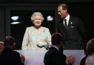 LONDON, ENGLAND - AUGUST 29: (L-R) Queen Elizabeth II and Prince Edward, Earl of Wessex look on during the Opening Ceremony of the London 2012 Paralympics at the Olympic Stadium on August 29, 2012 in London, England. (Photo by Dan Kitwood/Getty Images)