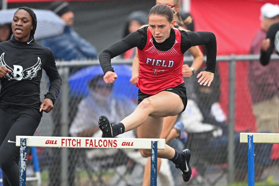 Field's Hannah Siudak competes during the girls 300m hurdles, Saturday during the Division 2 Regional Track Meet at Austintown Fitch High School.