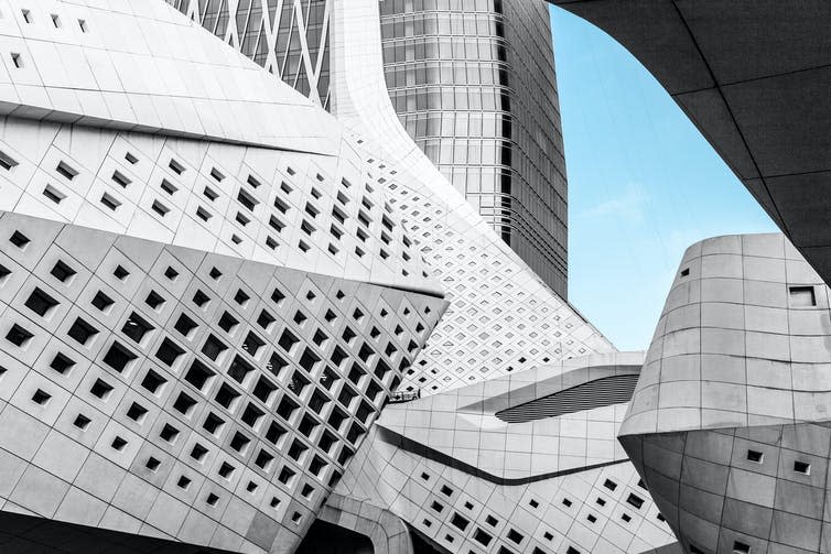 Details of the exterior of the Nanjing International Youth Cultural Center by Zaha Hadid in Nanjing, China