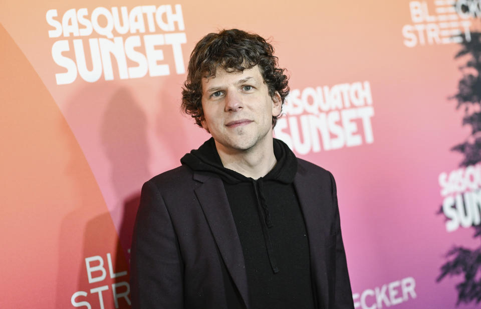 Jesse Eisenberg attends the premiere of "Sasquatch Sunset" at Metrograph, Monday, April 1, 2024, in New York. (Photo by Evan Agostini/Invision/AP)